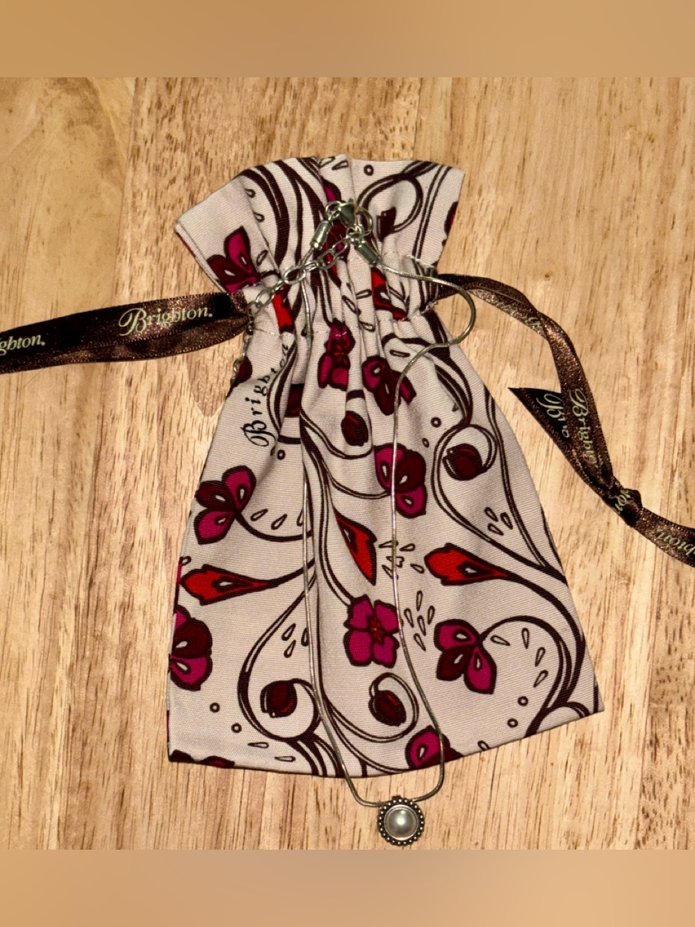 Brighton Floral Drawstring Pouch with Pearl Pendant Necklace - White, Pink, Red